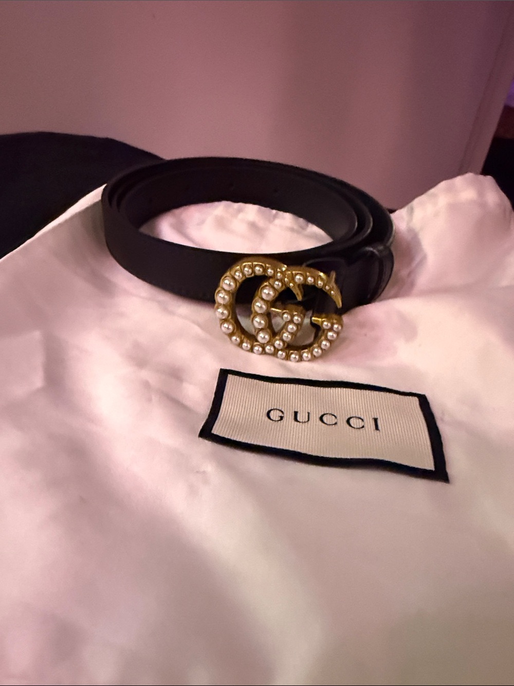 Gucci Black Leather Belt with Gold Pearl Double G Buckle